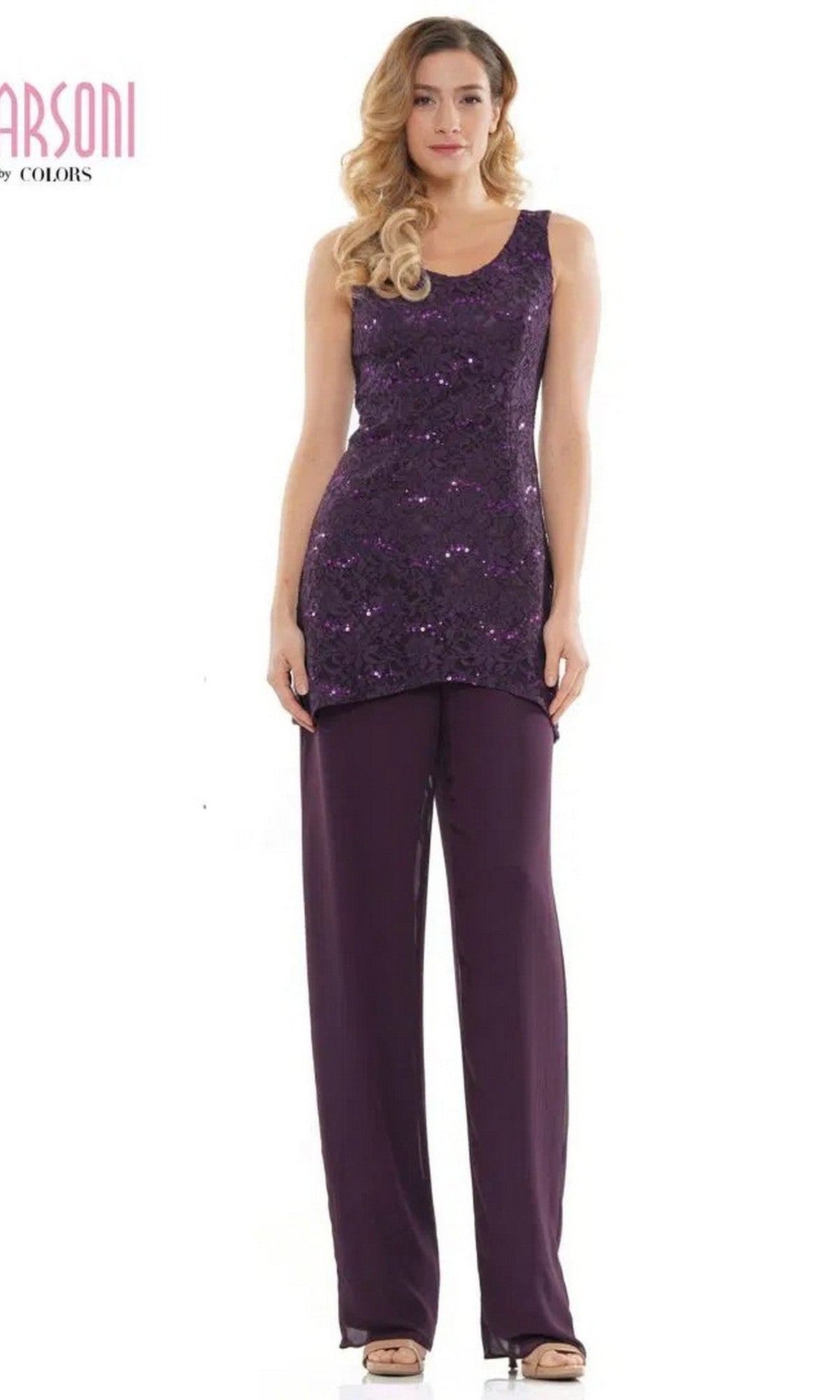 A woman models the Marsoni M303 long formal pantsuit—sleeveless, sequined purple lace top with matching wide-leg pants—standing forward against a plain white background.